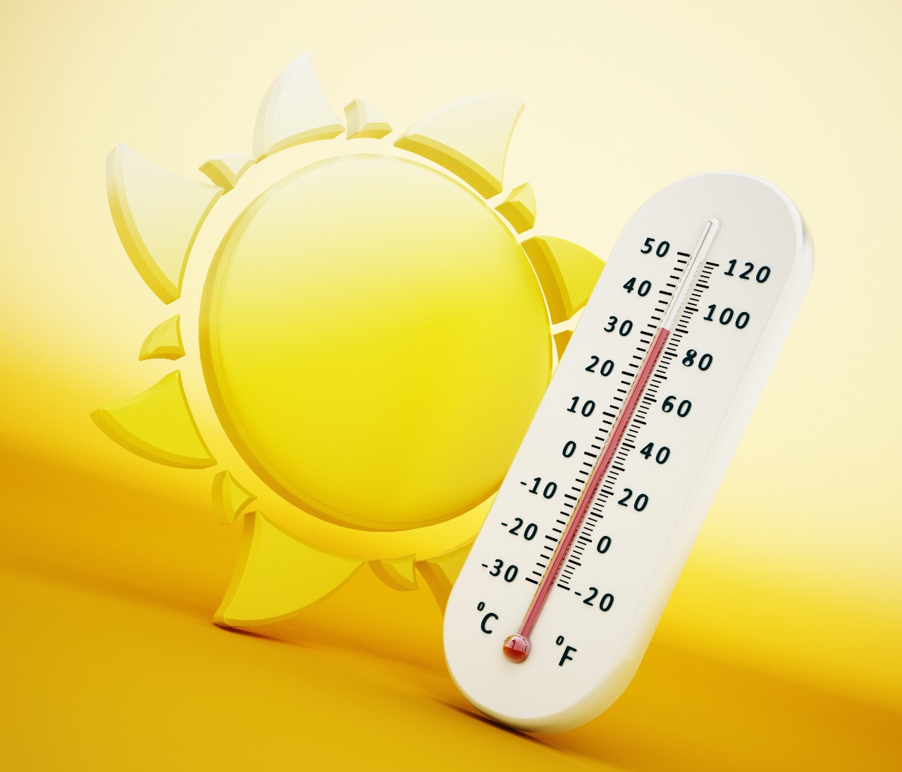 Sun symbol and thermometer showing high temperatures standing on yellow surface.