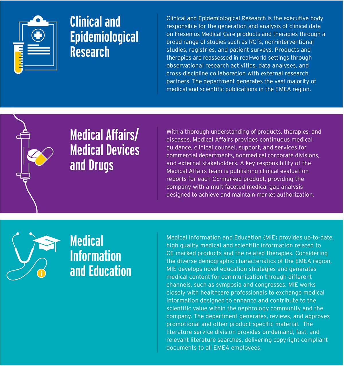 Descriptions of clinical and epidemiological research, medical affairs/meidcal devices and drugs, and medical information and education in graphic 