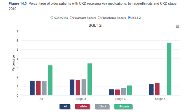 Bar graphs of the percentage of older patients with CKD receiving key medications (ACEi/ARBs and SGLT 2i), by race/ethnicity and CKD stage, 2019. 