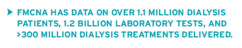 FMCNA has data on over 1.1 million dialysis patients, 1.2 billion laboratory tests, and over 300 million dialysis treatments delivered 