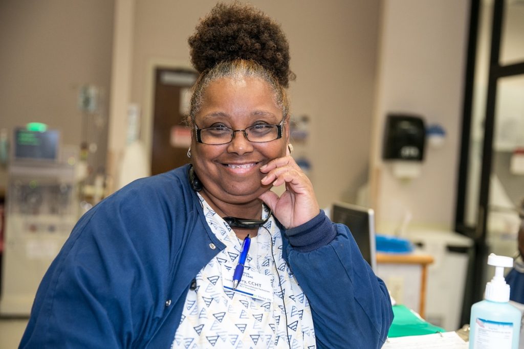 Clinic workers are ready to help dialysis patients in need. 