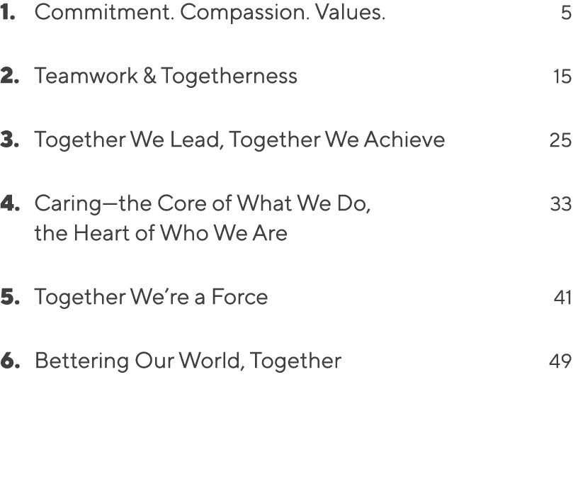 1. Commitment. Compassion. Values. 5 2. Teamwork & Togetherness 15 3. Together We Lead, Together We Achieve 25 4. Car...